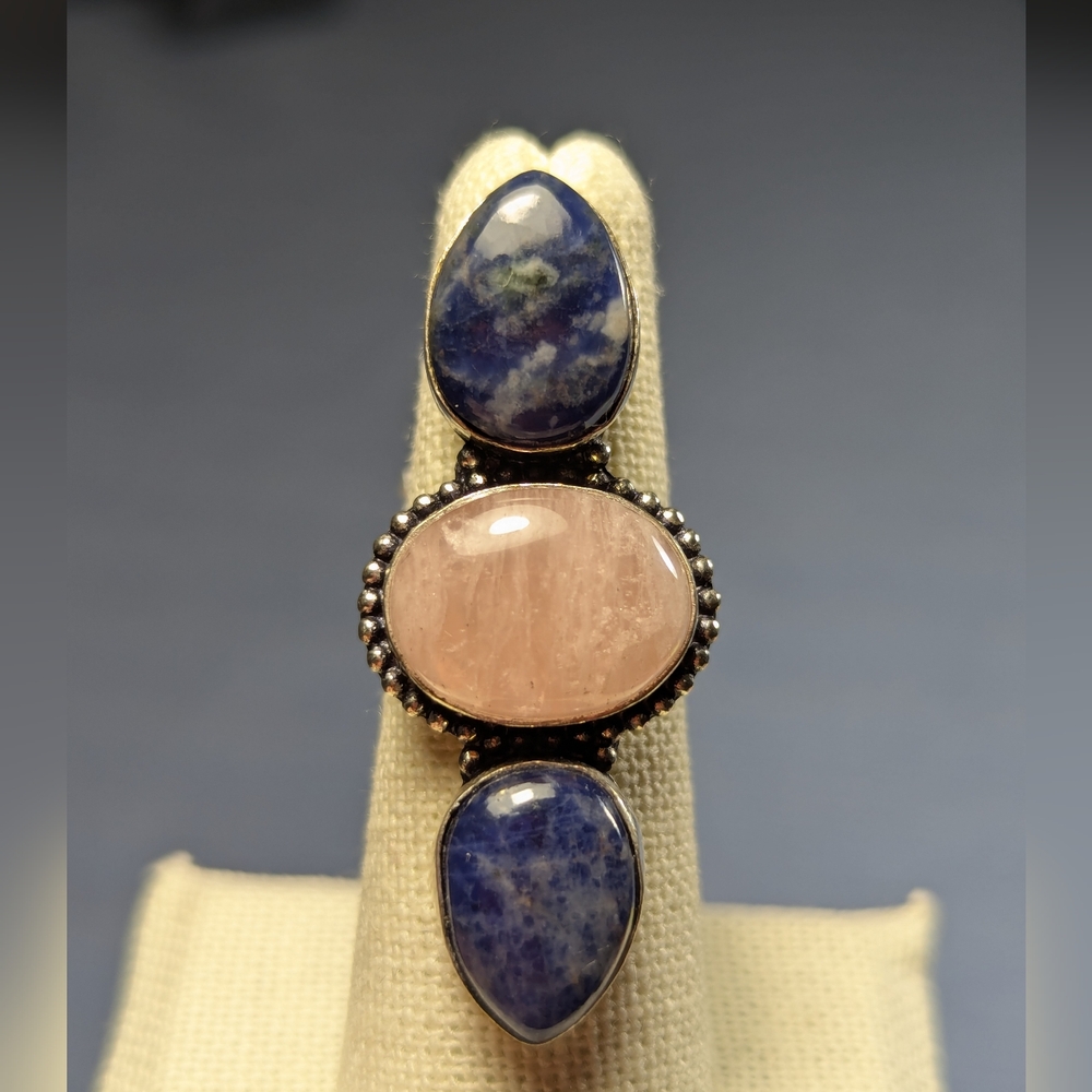 Natural Amethyst and Rose Quartz Gemstone Ring - Size 6